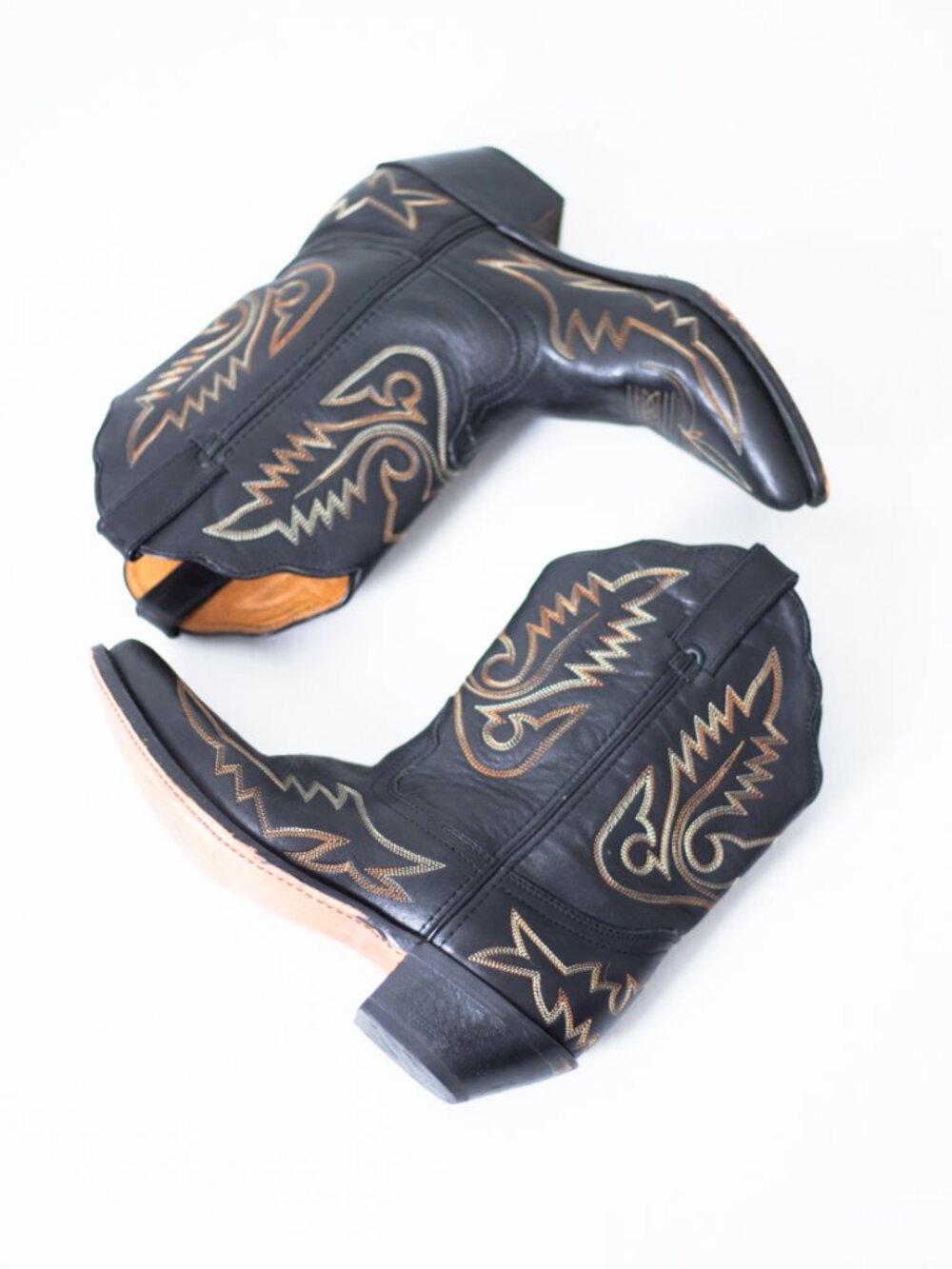 Vintage Cowboy Boots | Black Leather | Gold Stitch Inlay | Women's 8.5 / Men's 7 - Picture 2 of 16